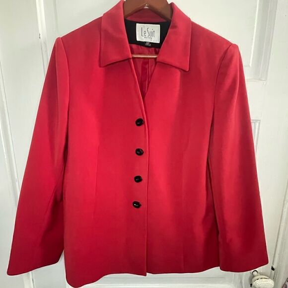 Le Suit Petite Red Blazer w/ Black Oval Buttons - Picture 1 of 12